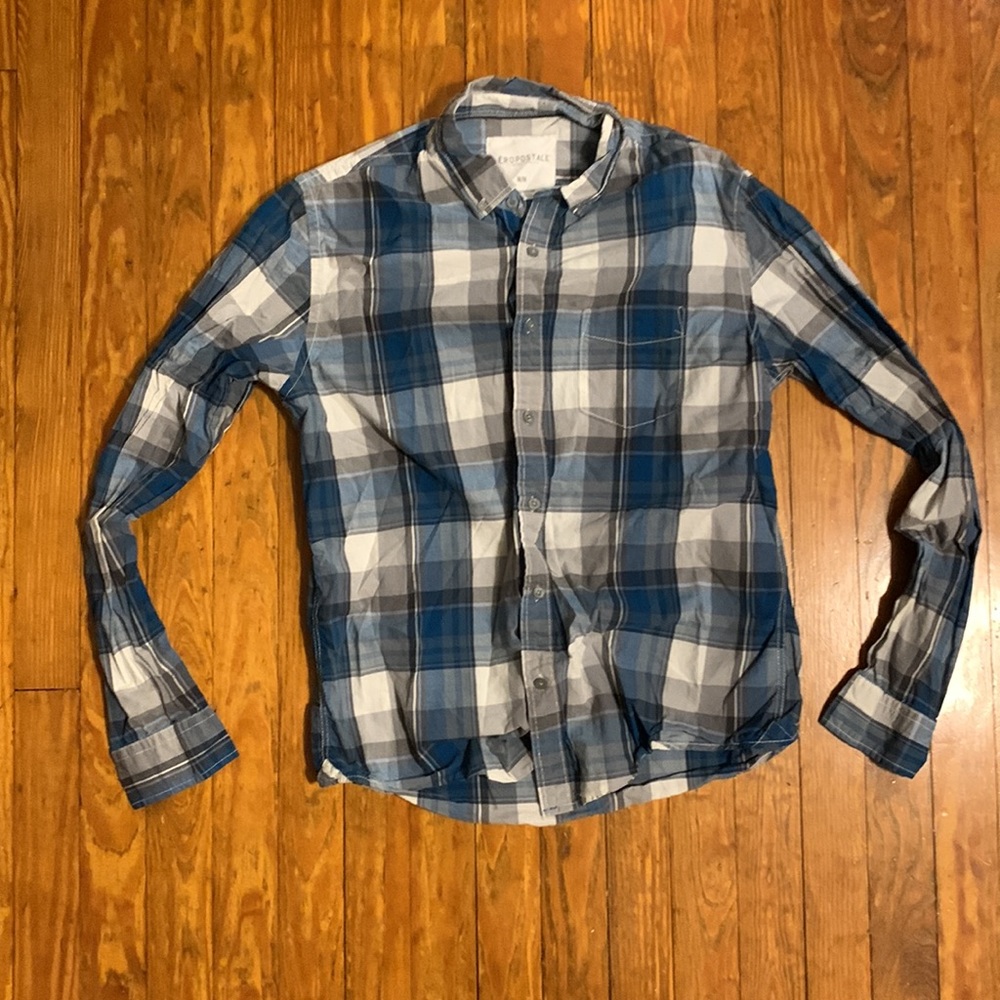 Men’s Aeropostale Plaid Shirt Medium – White/Blue/Gray